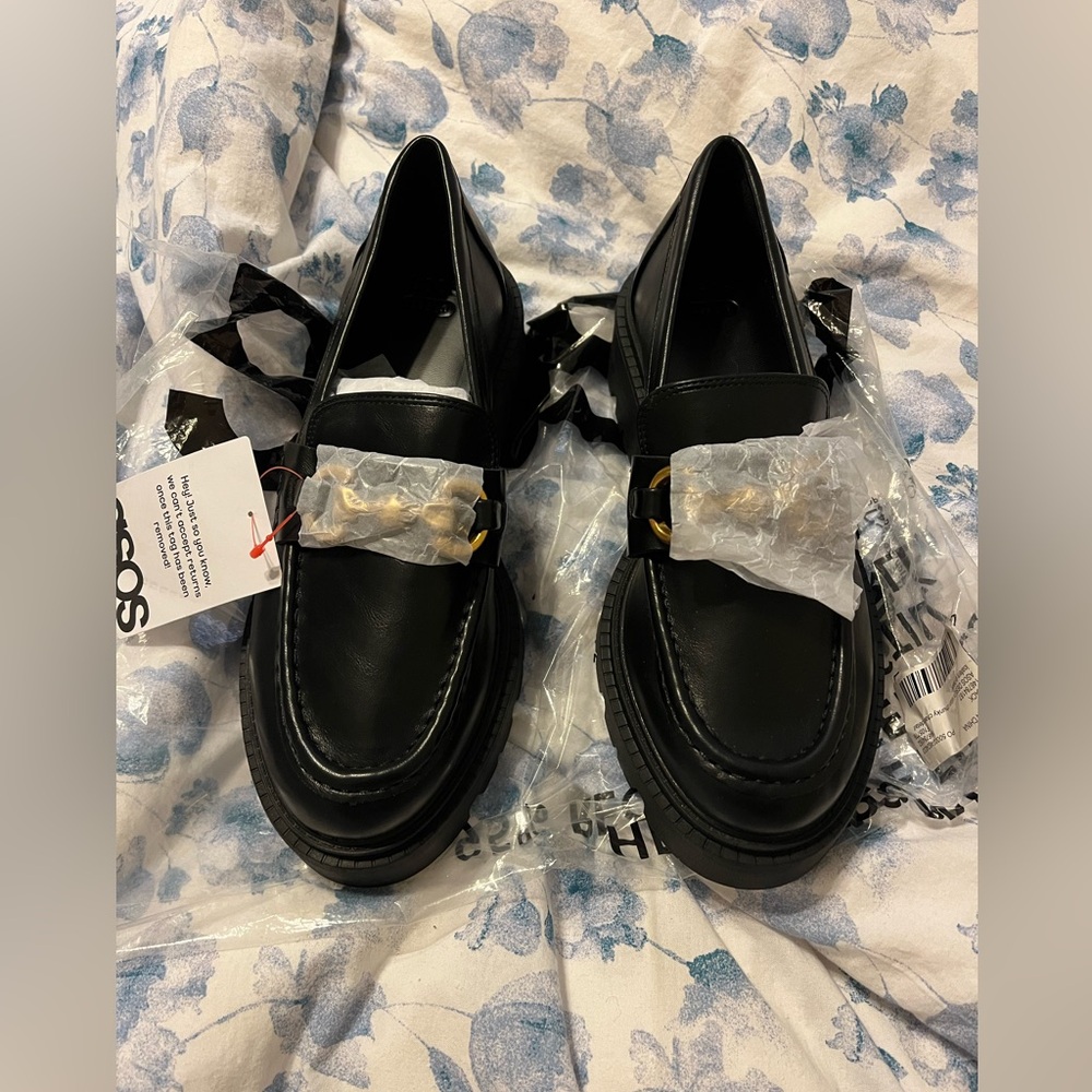 ASOS Black Chunky Soled Loafers with Gold Buckle